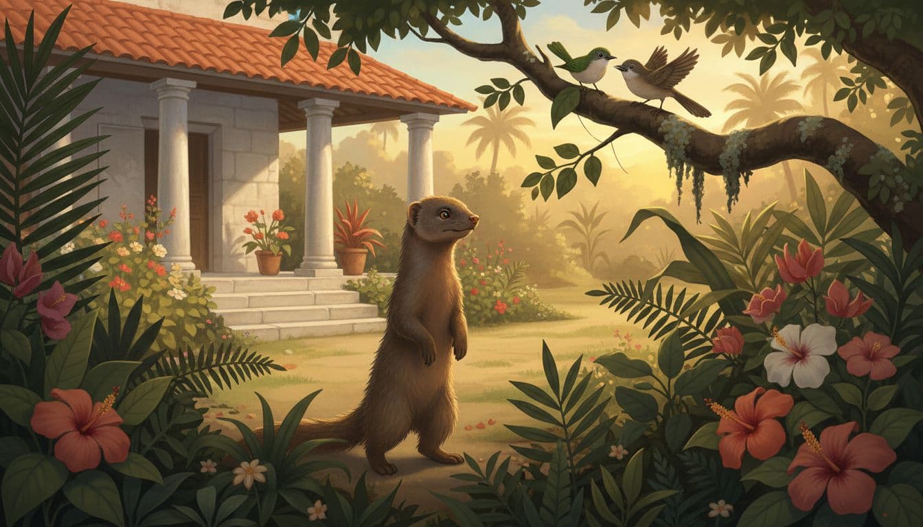 Curious mongoose Rikki explores a sunny bungalow garden in colonial India, with tailorbird and Darzee perched on a nearby branch amid lush plants and a stone veranda in warm golden hour light.