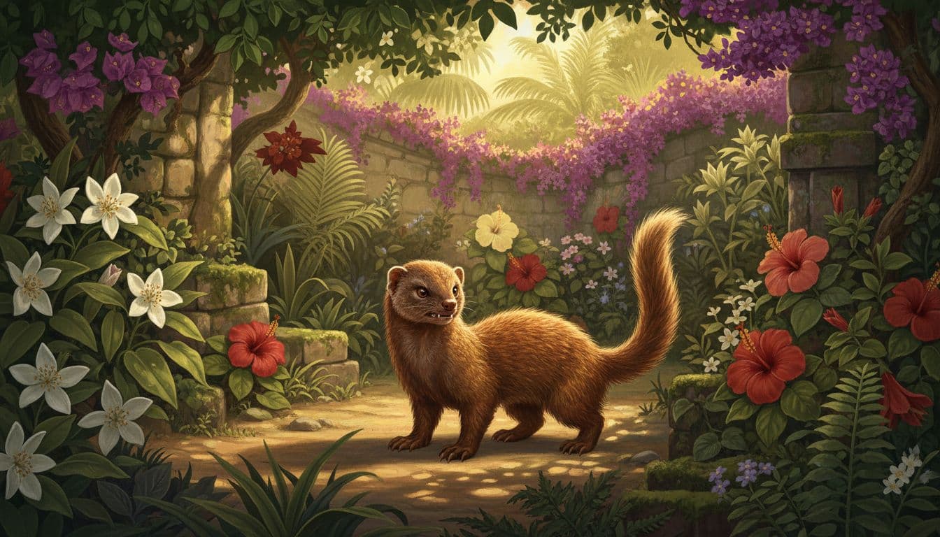Brave young mongoose Rikki-Tikki-Tavi stands poised and fierce in a lush Indian bungalow garden surrounded by flowers, stone walls, and vibrant green foliage under sunny daylight. Realistic wildlife illustration style sets the scene for the story's garden battleground with exactly one mongoose, no humans, snakes, or extra elements.