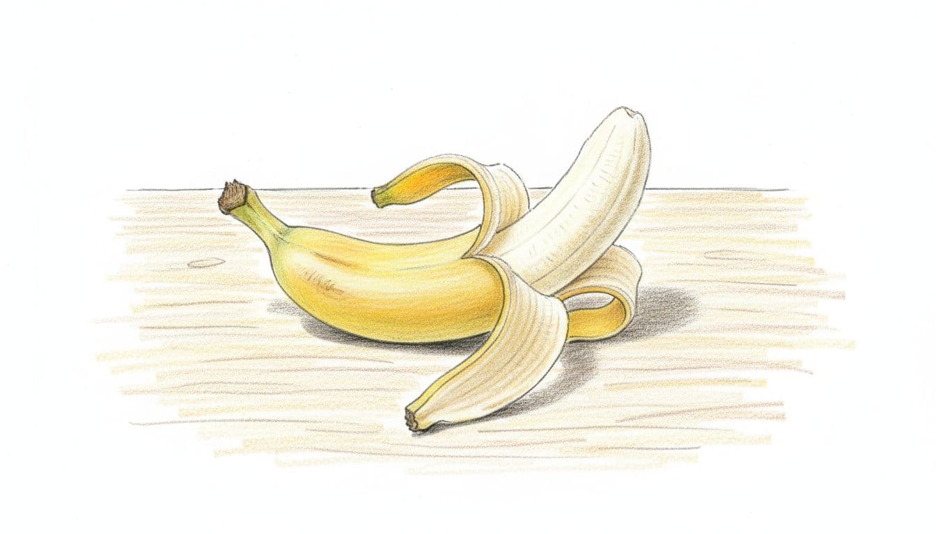 A single ripe banana with curved peel on a plain wooden surface, in graphite linework style with light yellow shading and soft shadows.