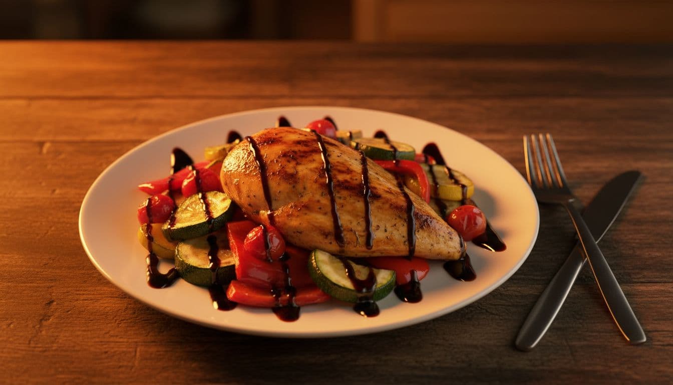 A plate of roasted chicken breast and grilled vegetables topped with a dark balsamic glaze.