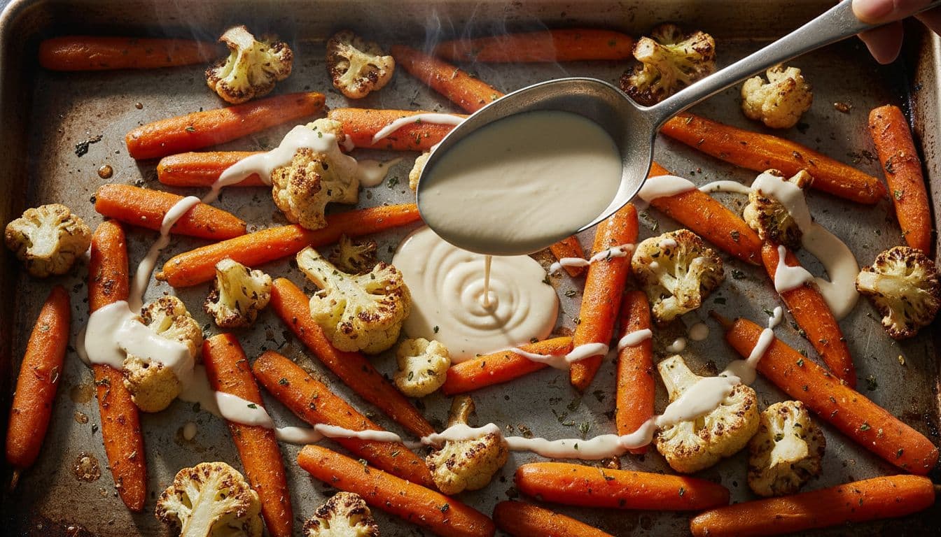 A spoon drizzles creamy sauce over a sheet pan of golden roasted cauliflower and carrots.