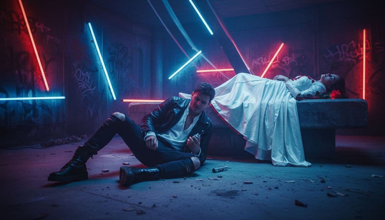 Modern cinematic scene of young actors as Romeo collapsed beside Juliet in a neon-lit urban tomb on a concrete slab under blue and red lights, Baz Luhrmann style with vibrant colors and intense emotion.