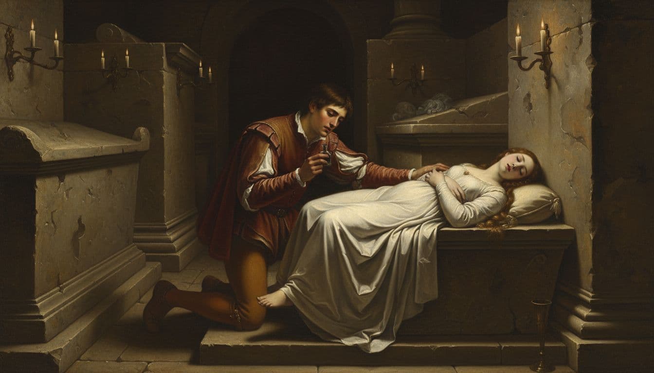 Dimly lit ancient crypt with a young man in Renaissance attire kneeling beside a stone slab, holding an empty poison vial and sadly gazing at a motionless young woman in white dress. Caravaggio-style Renaissance painting with high contrast candlelight and long shadows.
