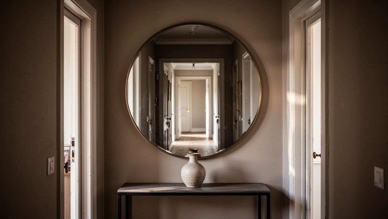 A large round mirror reflects a narrow apartment entryway with a slim console table and vase below, light streaming in from the door to enhance the sense of space in cinematic style with strong contrast and dramatic lighting.