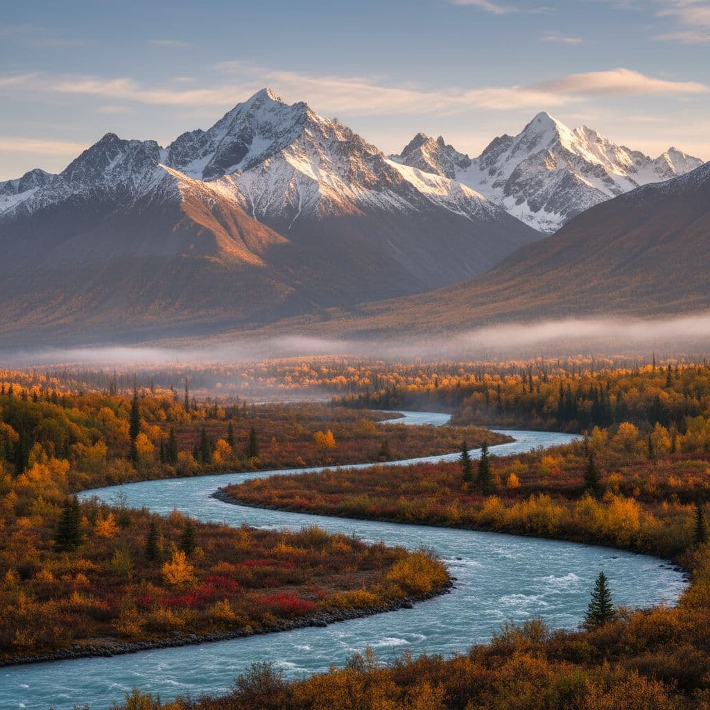 A winding river flows through a vast, mountainous Alaskan landscape bathed in crisp autumn morning light.