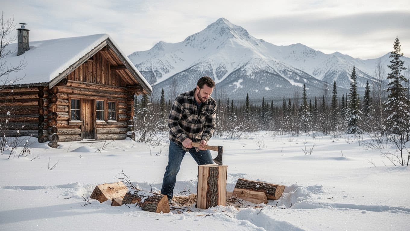 A man in flannel shirt chops wood with an axe in relaxed pose at a snowy Alaskan homestead with log cabins and mountains in background, wide realistic winter landscape.