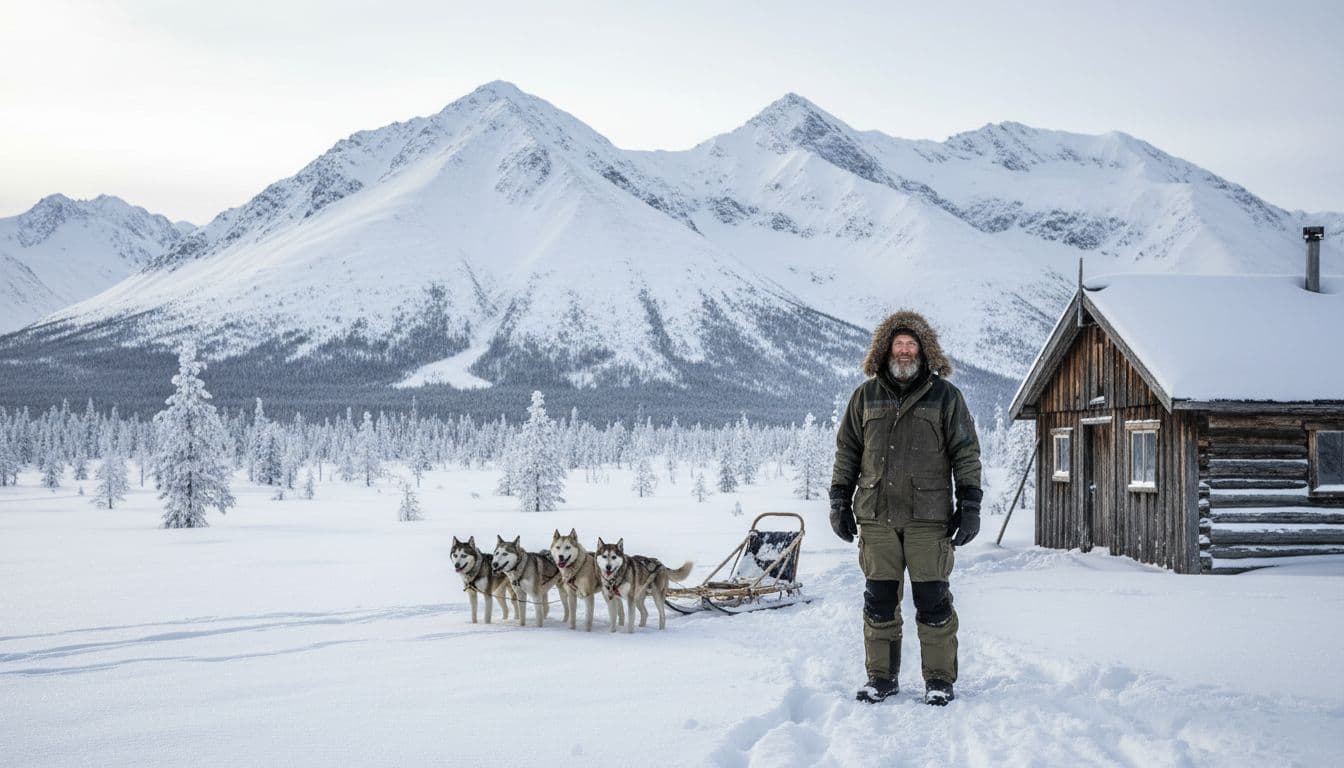 Rugged man in winter gear stands outside wooden cabin in snowy wilderness with dogsled nearby and mountains behind.