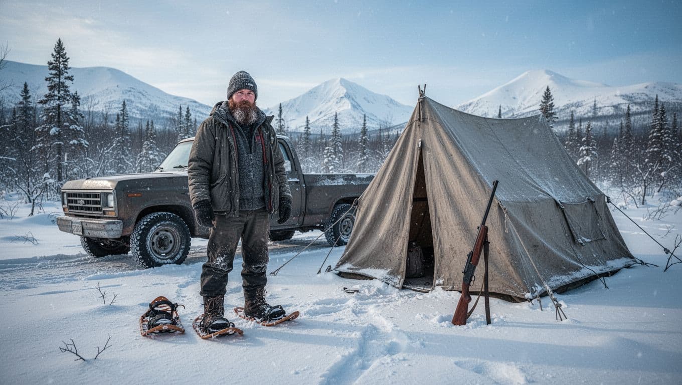 A rugged bearded man in winter gear stands next to a truck and tent in a remote snowy Alaskan landscape, with survival tools like snowshoes and a rifle nearby under dramatic cold blue lighting.