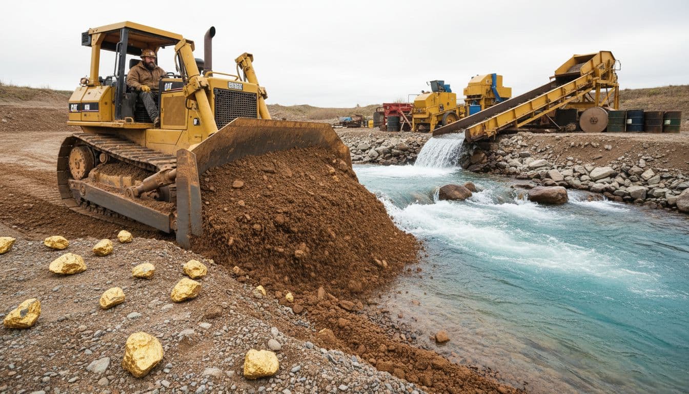 A rugged gold miner like Dave Turin pilots a massive yellow dozer, shoving piles of pay dirt along a rushing Alaskan creek, with gold nuggets scattered around and mining gear in the background under bright overcast skies.