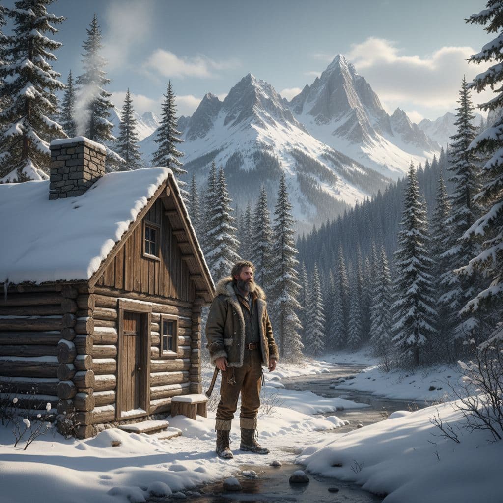 Rugged man stands near wooden cabin in snowy mountain forest.
