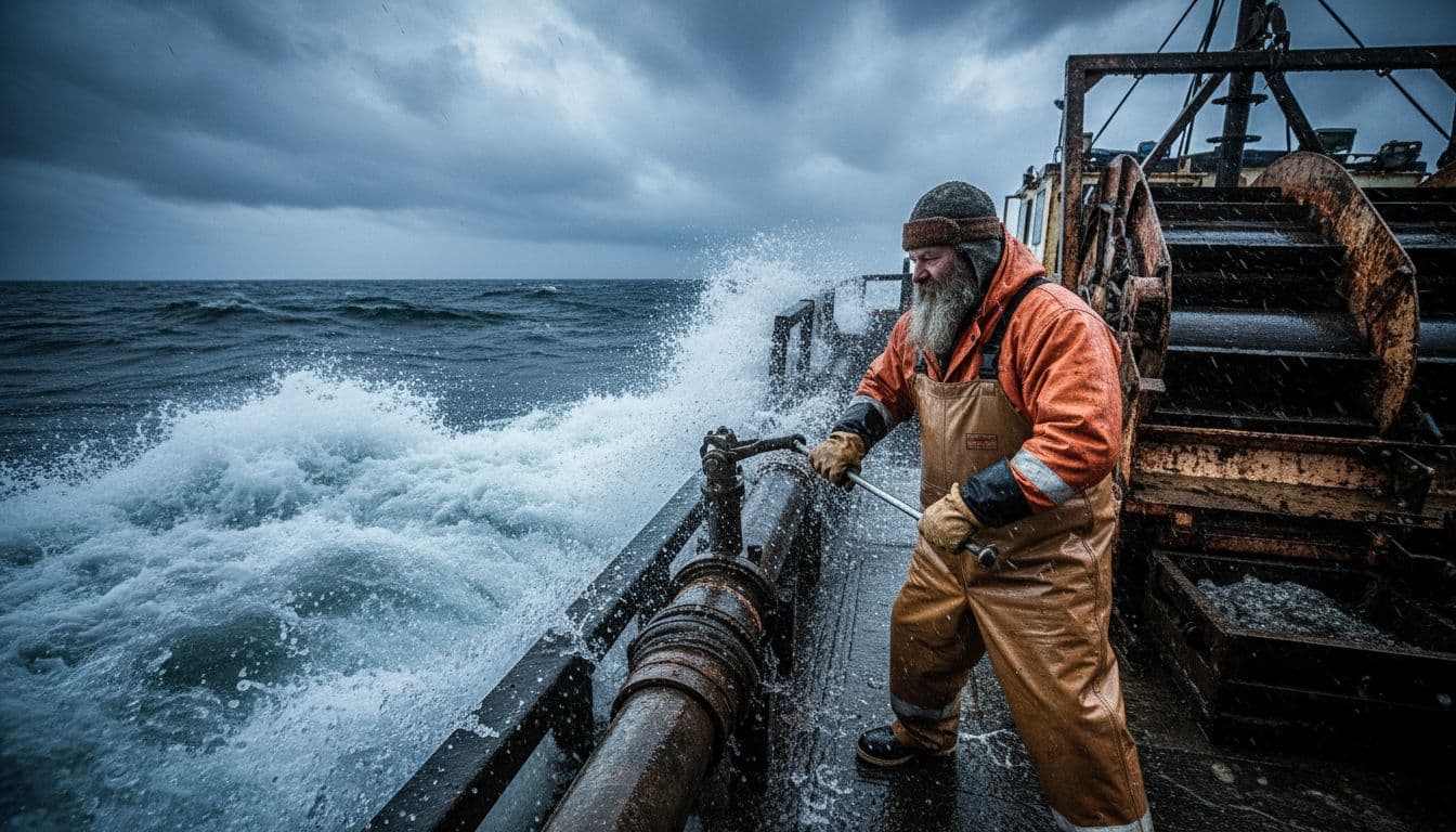 A Shawn Pomrenke-like rugged miner in his 50s with a beard works intensely on a gold dredge boat amid rough Bering Sea waters during stormy weather, with crashing waves and cold blue tones in a dynamic side-angle realistic photography style.
