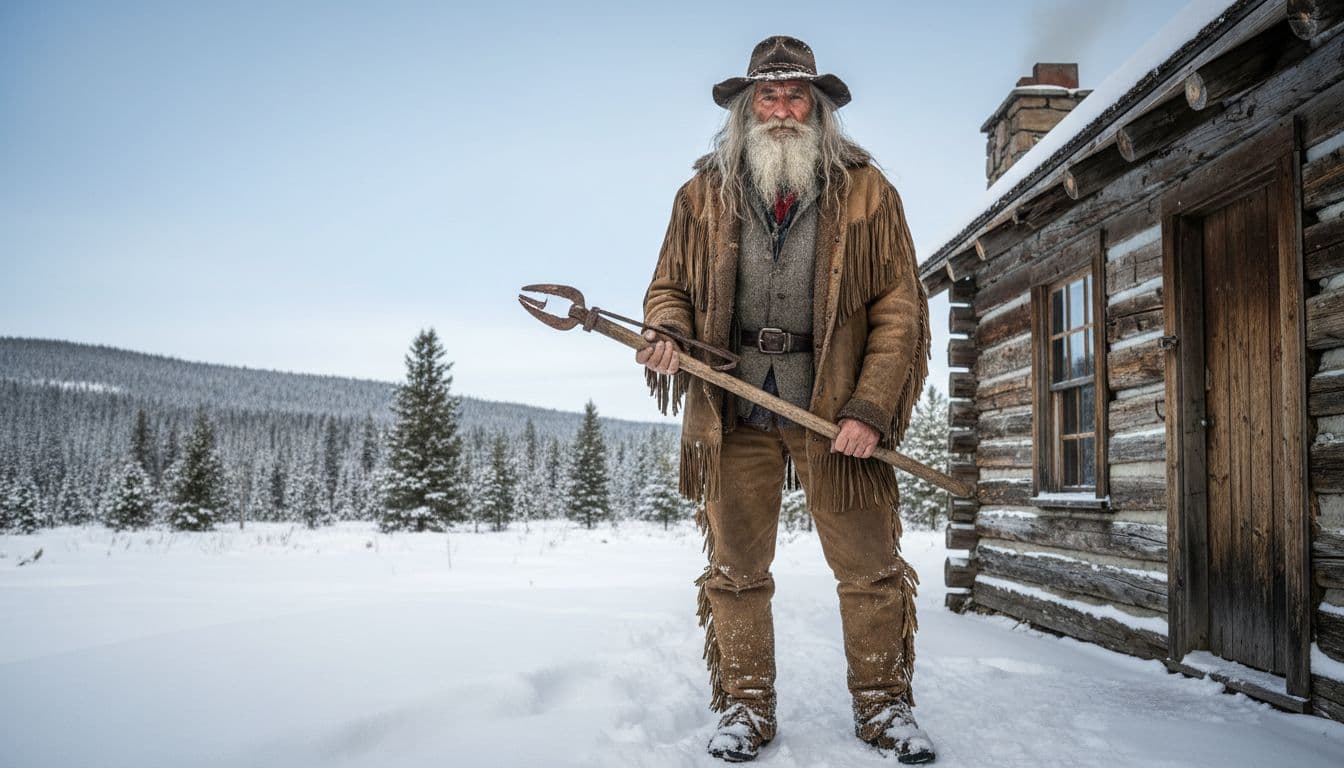 Elderly man with gray beard and buckskin jacket stands before rustic log cabin in snowy wilderness, holding trapping tool.