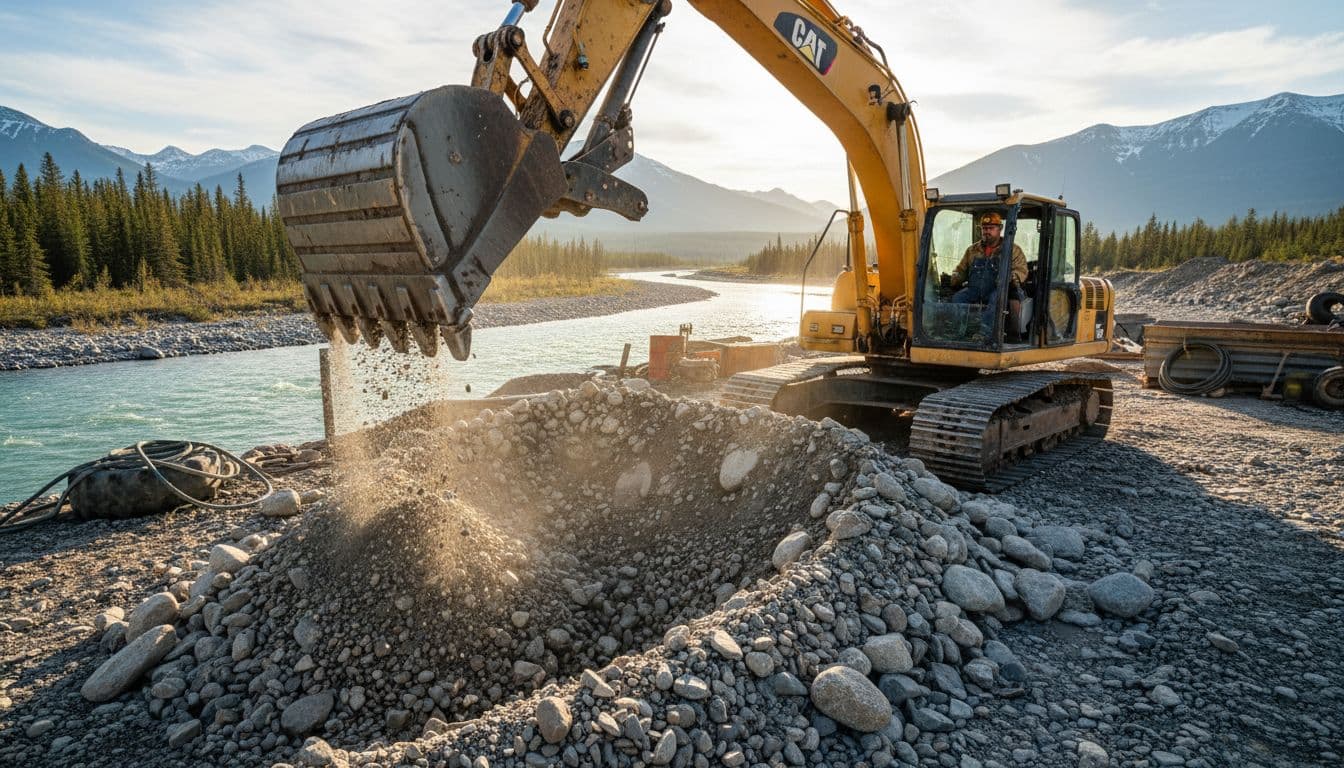 Rugged 40s male miner in helmet and work clothes operates a large excavator at a Yukon gold mine, digging gravel piles near a flowing river with scattered equipment under sunny afternoon light.