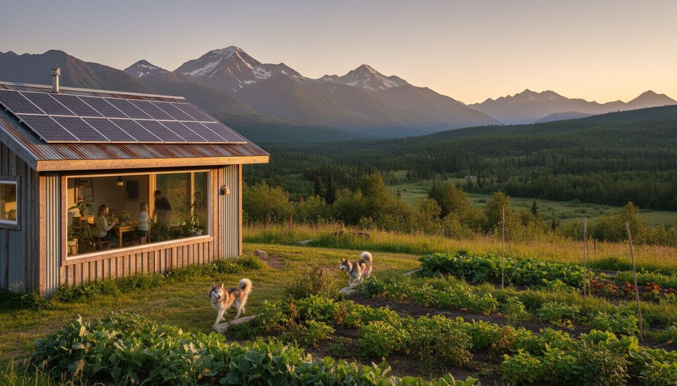 Rural Alaska homestead with solar panels, garden, dogs, family silhouette in window, green landscape, mountains.
