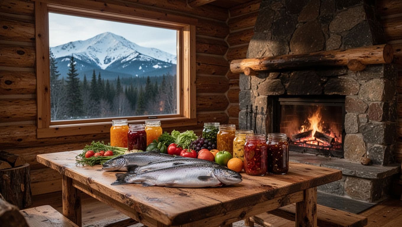Empty rustic log cabin interior shows wooden table with fresh fish, vegetables, preserves; stone fireplace with embers; window view of snowy mountains and forest.