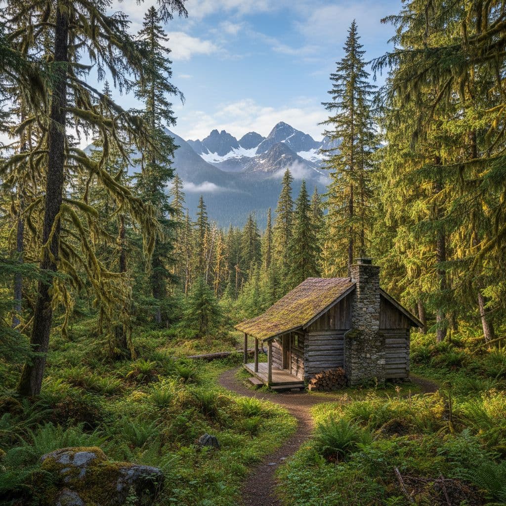 A wooden cabin sits surrounded by a lush green forest with distant mountains under a clear sky.