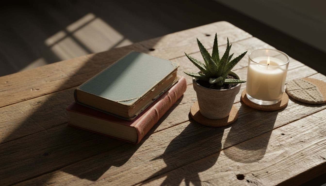 Top-down view of rustic wooden coffee table with stacked worn books, green succulent, lit candle, and mismatched coasters.