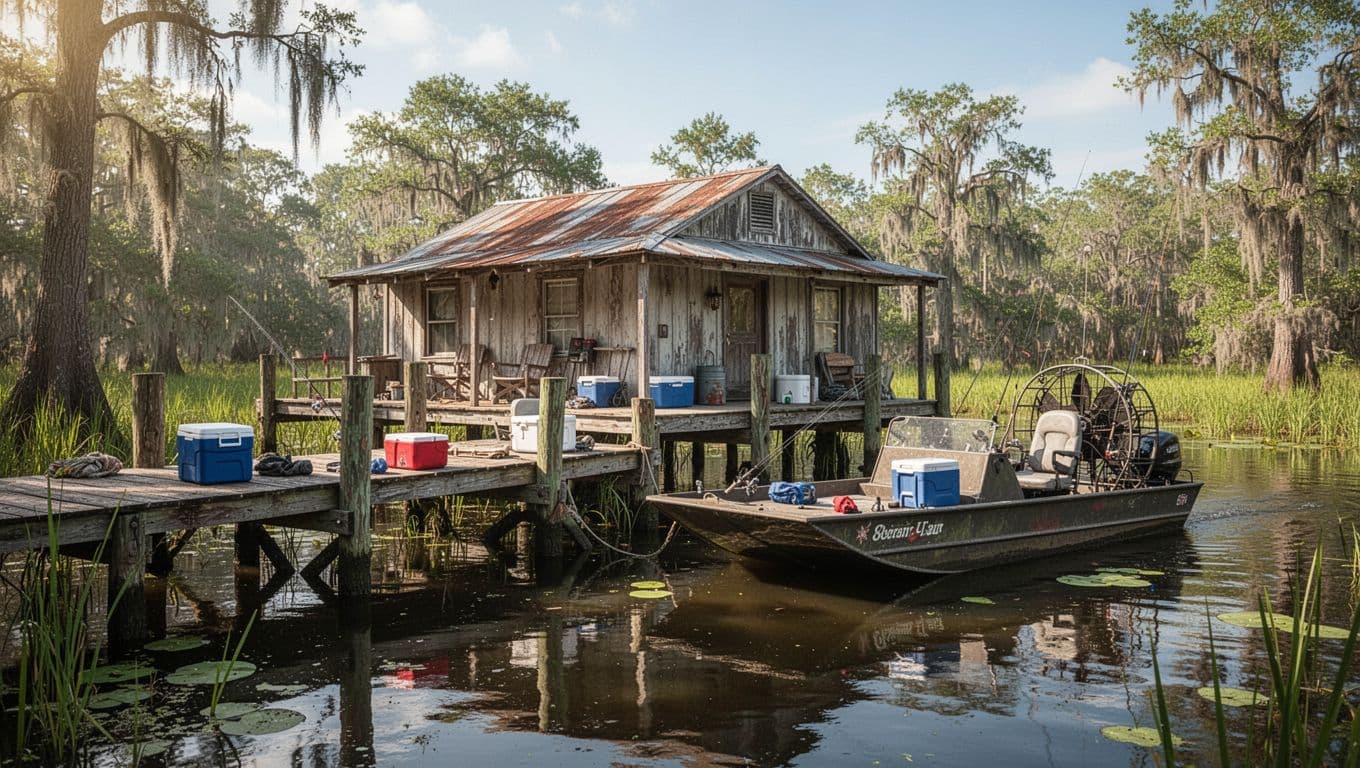 Photorealistic wide landscape of a rustic swamp home on a Louisiana bayou dock, airboat tied up nearby with fishing gear and coolers, sunny afternoon light, no people or watermarks.