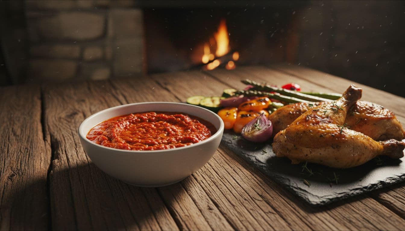 A rustic wooden table holds a bowl of red romesco sauce beside grilled chicken and roasted vegetables.