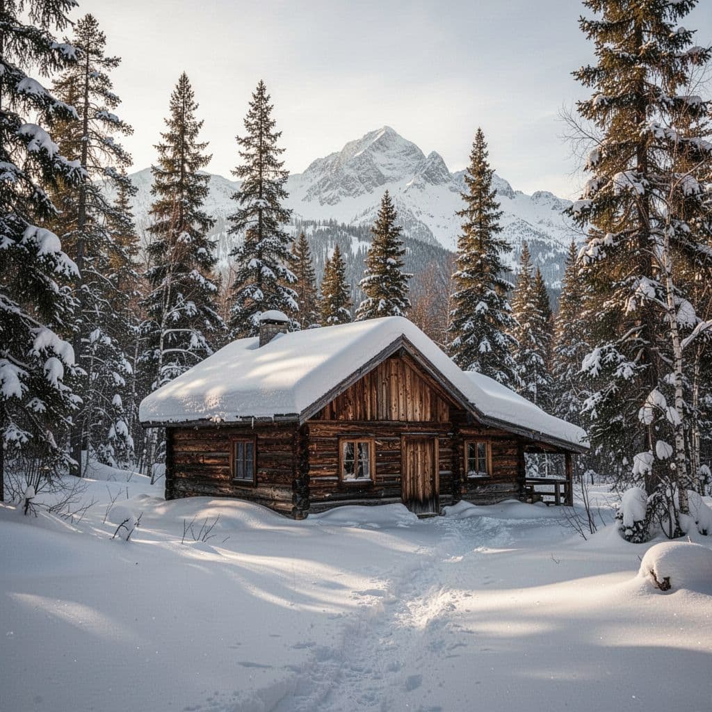 Rustic wooden cabin in snowy wilderness amid evergreen trees and distant mountains.