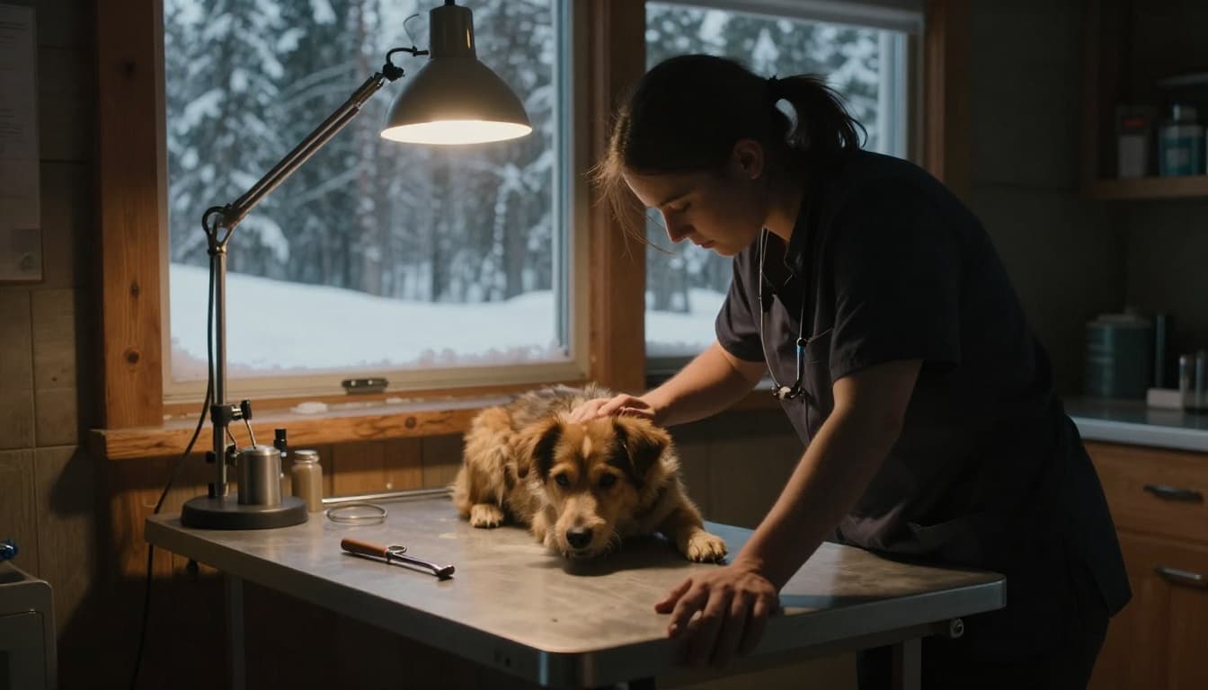 Veterinary scene in a rustic Yukon clinic shows an exam table with basic tools, small dog patient, and one relaxed hand on the table edge. Window reveals snowy forest under warm lamp light with cinematic contrast and dramatic side lighting, no people visible.