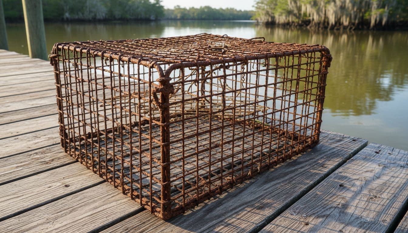 A worn metal crab trap sits on a wooden dock beside a calm bayou under bright sunlight.