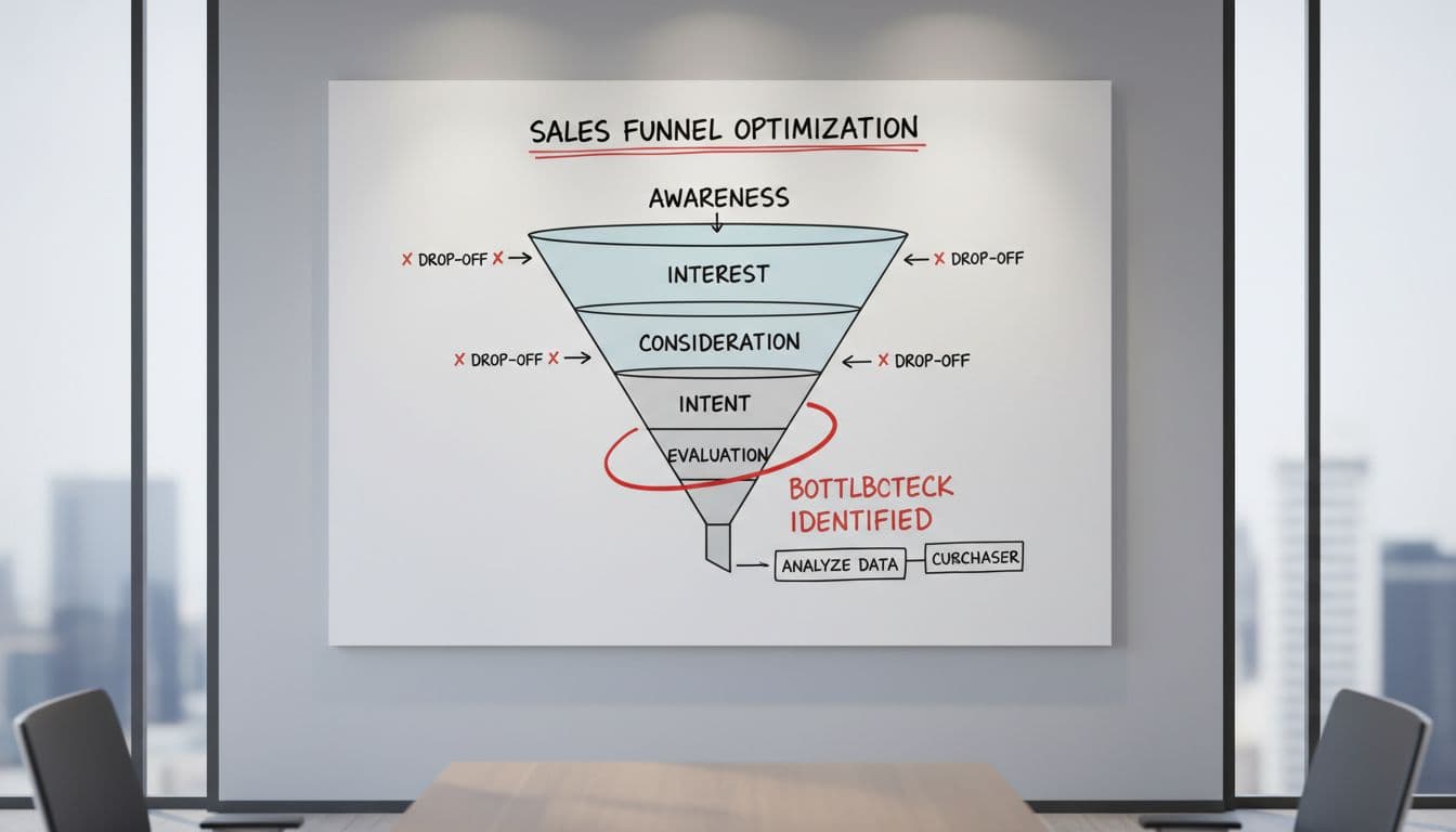 Minimalist sales funnel with conversion layers sketched on a whiteboard.
