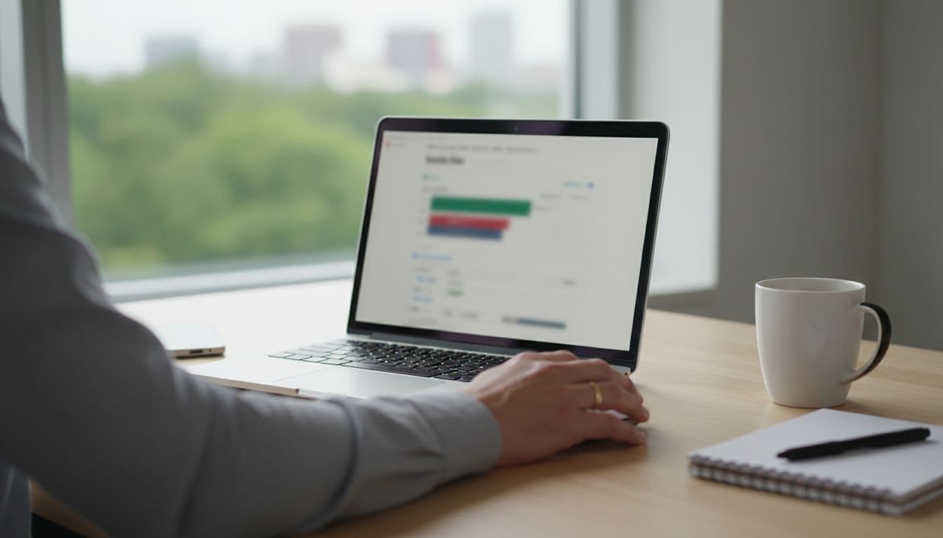 Side-angle laptop screen shows blurred sales tax dashboard, hand on mouse, clean desk with mug and notebook.