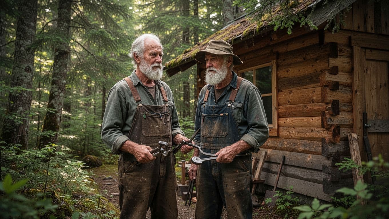 Older bearded man in rugged work clothes holds metal tools near wooden cabin in lush green forest.