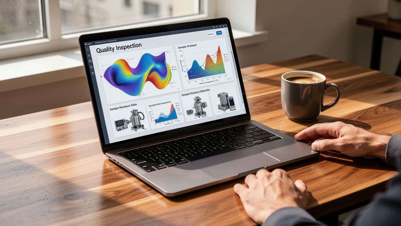 Digital dashboard on a laptop screen in a realistic office setting, displaying quality inspection metrics like pass/fail rates and defect photos for Amazon products. Laptop on wooden desk with coffee mug nearby, natural window light, two hands resting close by, no readable text or extra devices.