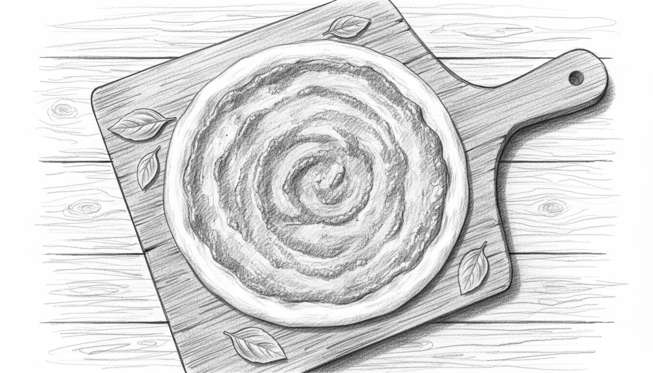 Grayscale hand-drawn sketch featuring fresh pizza dough on a wooden peel topped with an even layer of sauce and scattered basil leaves on a rustic wooden table. Overhead angled composition in graphite linework with light shading on clean white paper.