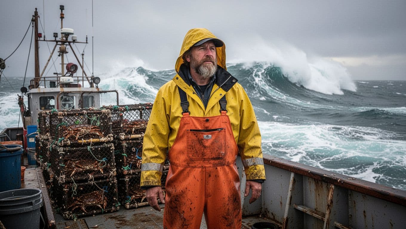 Grizzled captain in yellow rain gear and orange overalls stands on fishing deck with crab pots and rough Bering Sea waves.