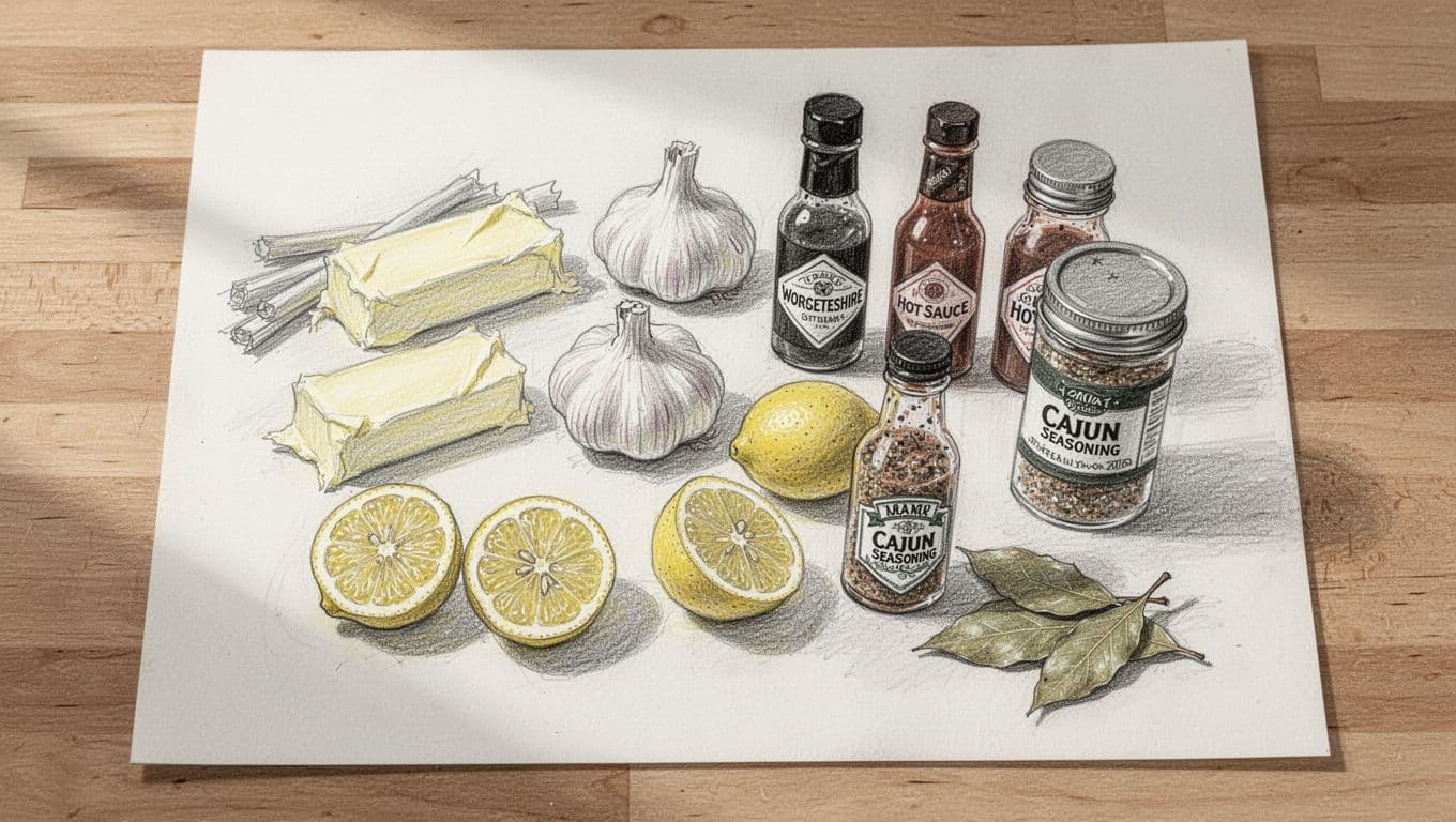 Hand-drawn sketch of key ingredients for seafood boil sauce arranged on a wooden kitchen counter, including sticks of butter, garlic bulbs, halved lemons, Worcestershire sauce, hot sauce, Cajun seasoning, and bay leaves. Top-down view with graphite linework, light shading, and clean white paper background.