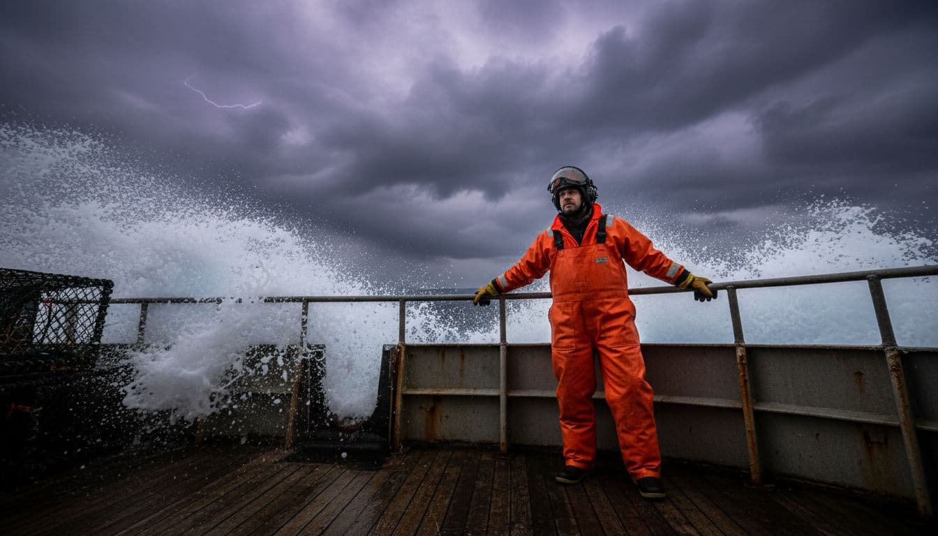 Rugged Alaskan crab fisherman captain Sean Dwyer stands on the deck of his fishing boat amid rough Bering Sea waves, wearing orange survival suit and helmet, gripping railing relaxedly under stormy sky, dynamic low angle.