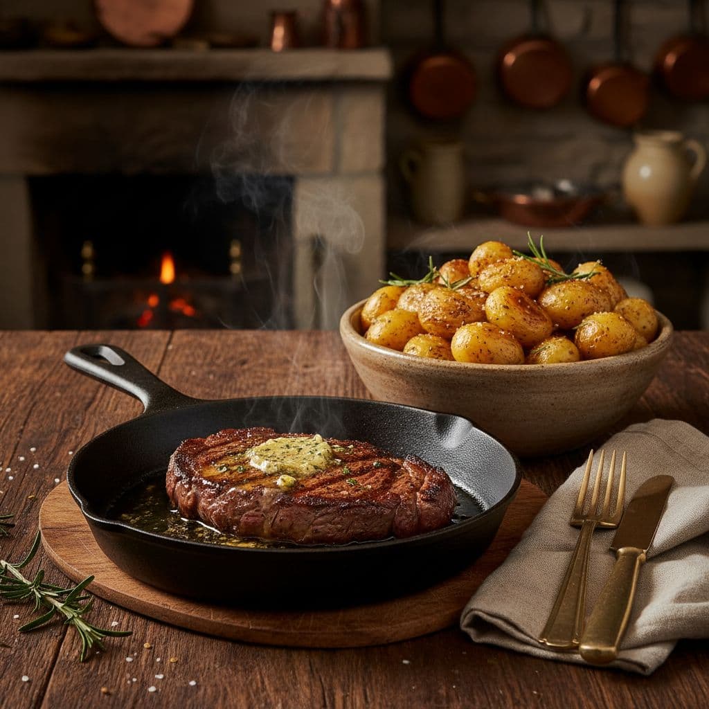 A seared steak topped with cowboy butter sits on a rustic wooden table beside roasted potatoes.