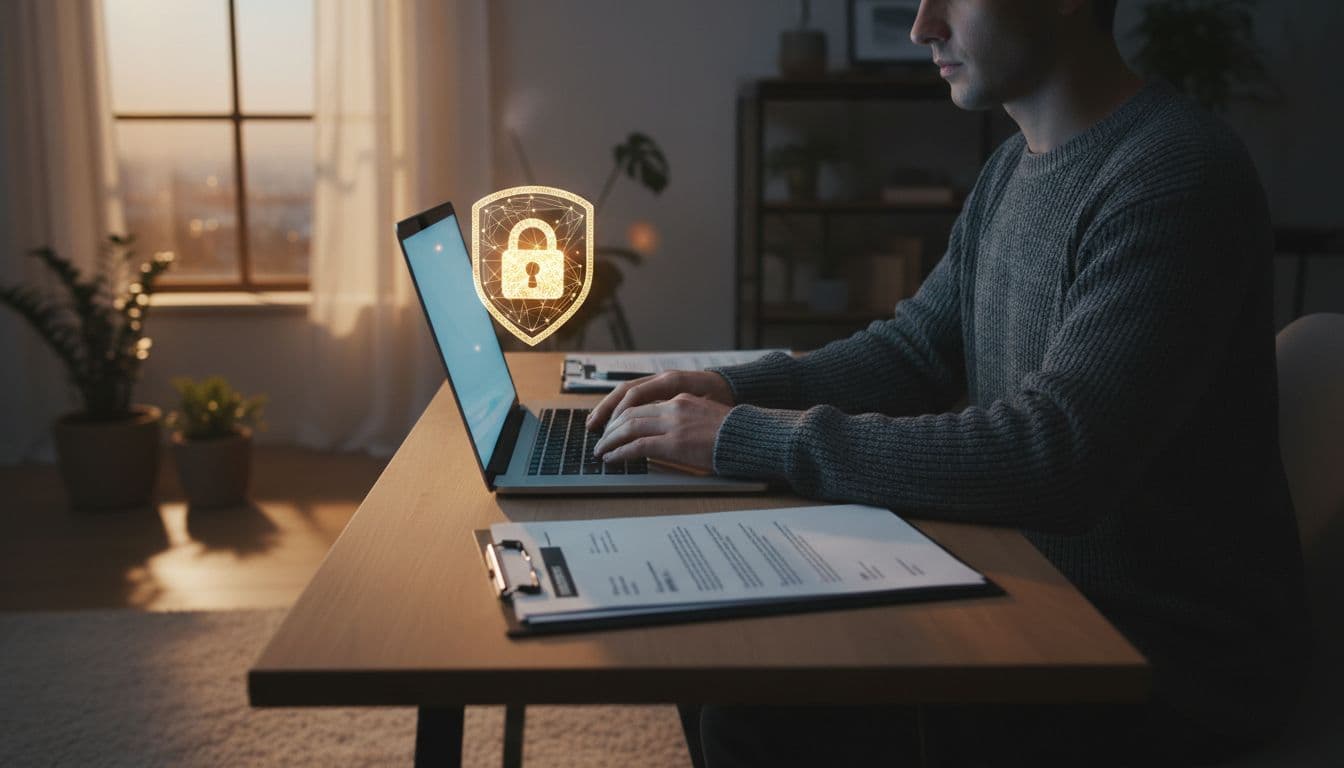A person types on a laptop in a cozy workspace with a glowing data lock icon symbolizing secure AI review, beside resume and cover letter documents under soft evening light.