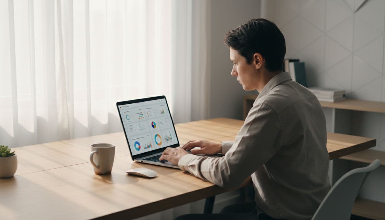 A focused professional sits at a clean, organized desk reviewing a digital dashboard on a laptop.