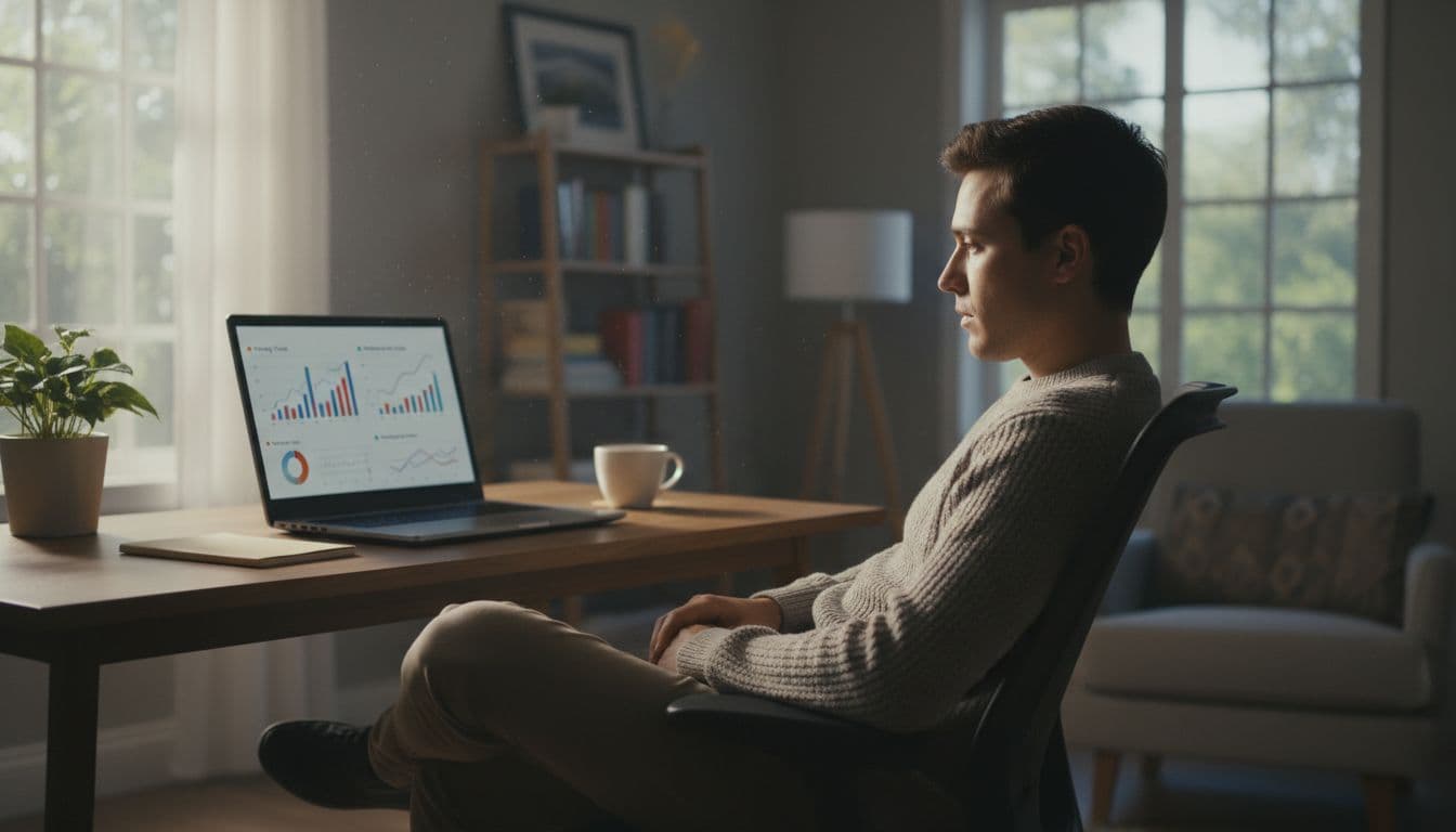 Support team member in home office views laptop charts of rating trends and response rates.