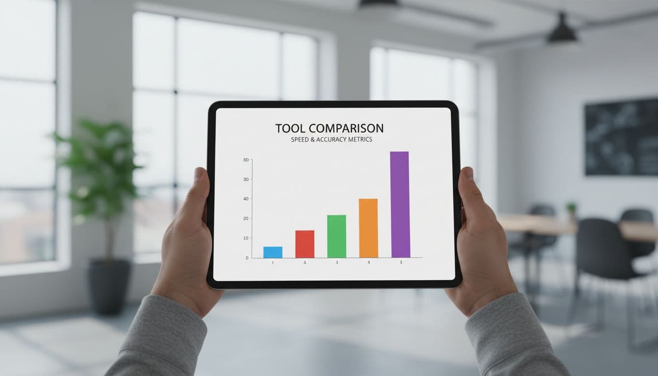 Seller holds tablet with two hands displaying bar chart comparing indexing speeds of tools, blurred modern workspace background.