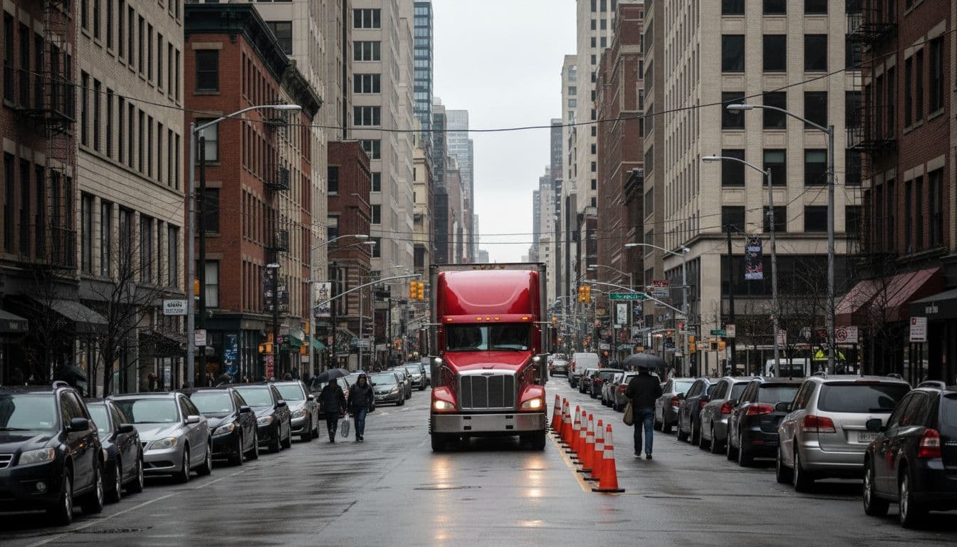 A semi-truck slowly navigates a narrow busy urban street for delivery, surrounded by parked cars, distant pedestrians, and construction cones ahead in a complex overcast city environment.
