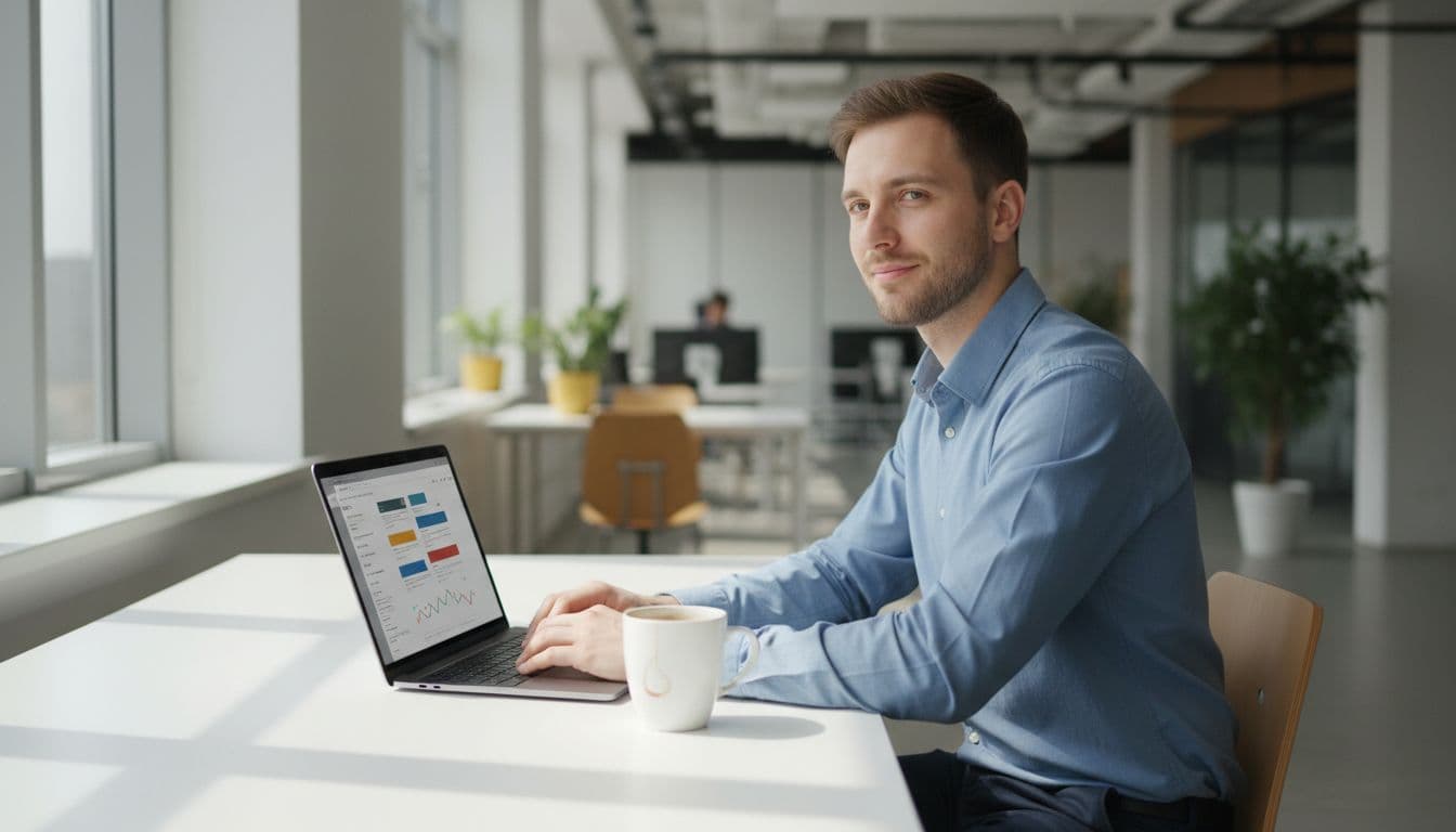 SEO analyst in a bright modern office reviewing AI-generated search results on a laptop screen shown at an angle with blurred content, one coffee mug nearby, natural daylight lighting, realistic style, exactly one person.