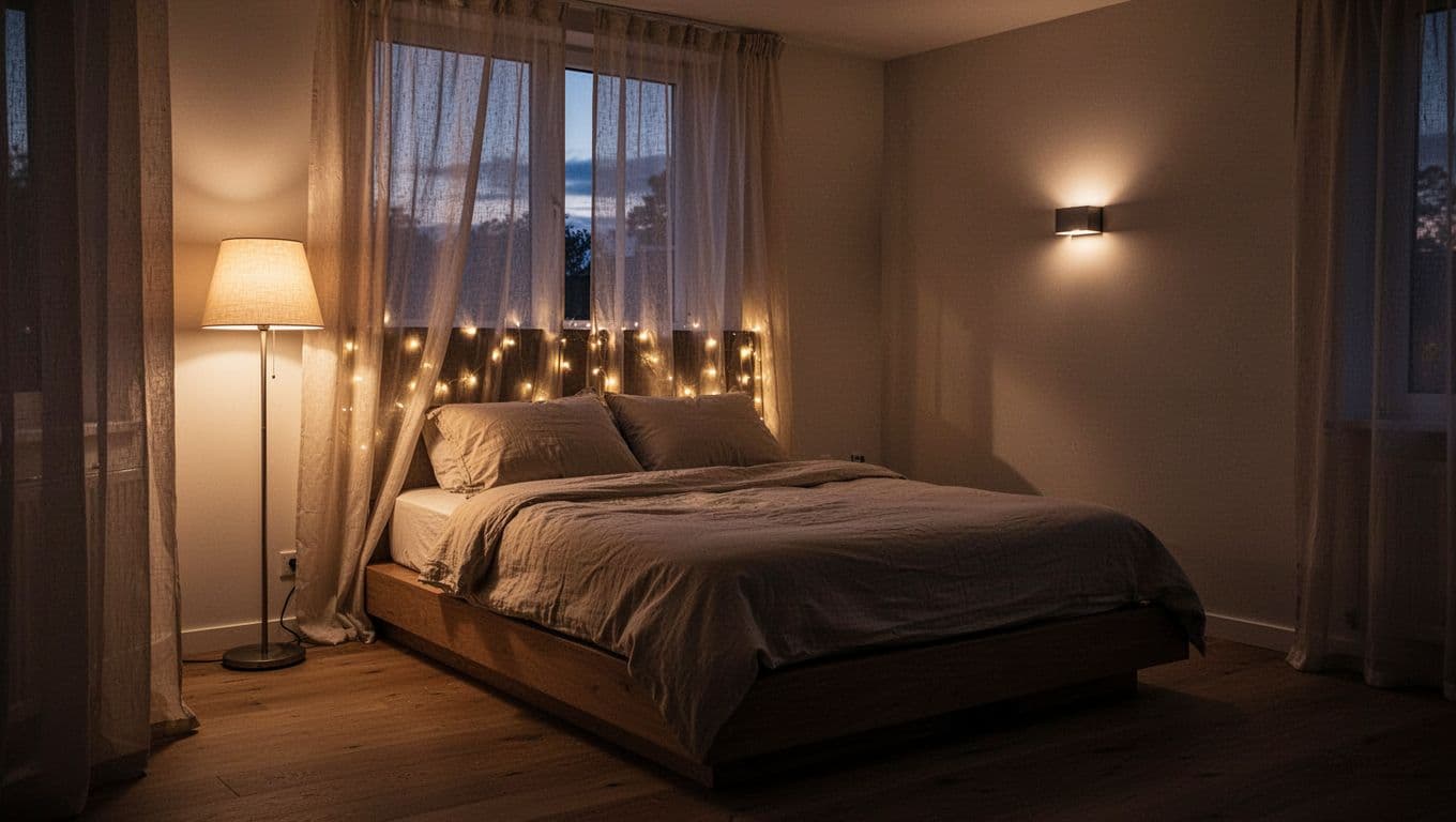 An intimate small bedroom at dusk illuminated by layered soft lighting from a floor lamp, wall sconce, and string lights, creating a calming serene mood with cinematic depth.