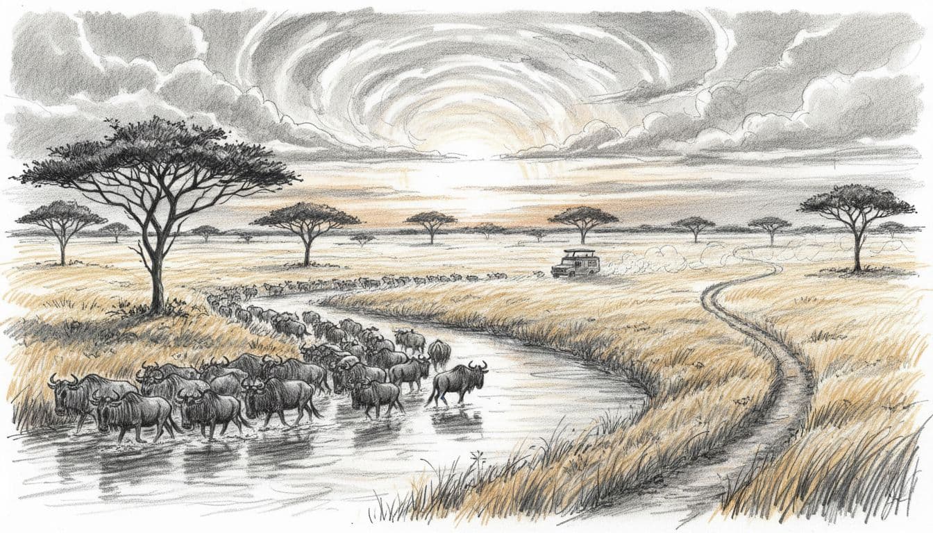 Hand-drawn graphite sketch of Serengeti savanna with silhouetted acacia trees, wildebeest herd crossing river during migration, distant safari jeep on dusty track, golden grasslands under dramatic sunset sky on clean white background.
