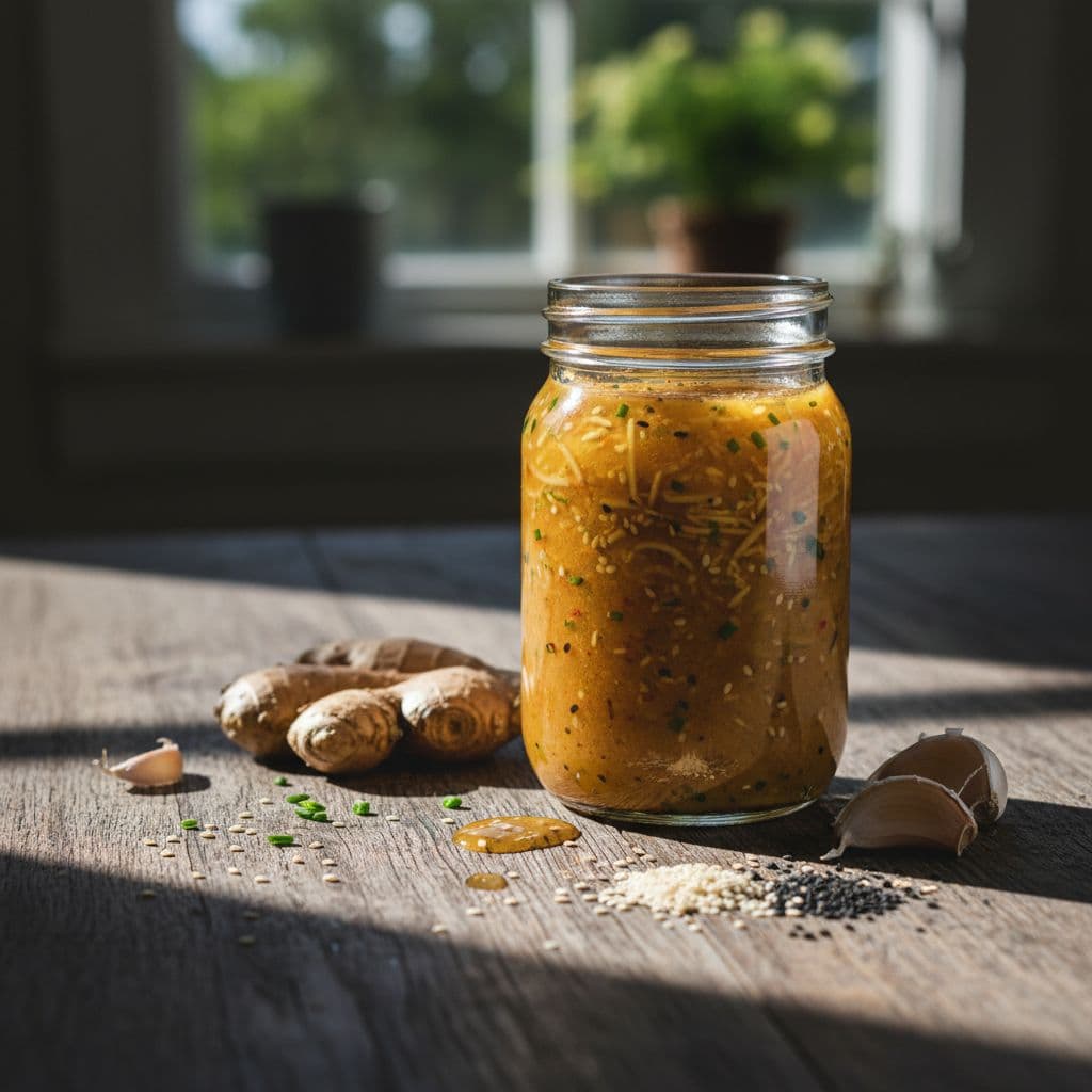 Glass jar filled with sesame ginger dressing on rustic wooden table with ginger root, garlic, and sesame seeds nearby.