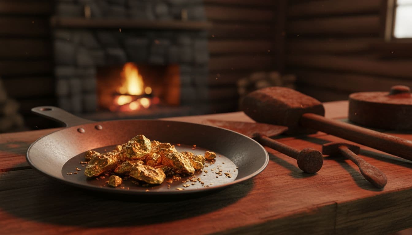 Close-up macro photography of shiny gold nuggets and flakes piled on a miner's pan next to rusty mining tools in a wooden Yukon claim shack interior, warmed by firelight glow.