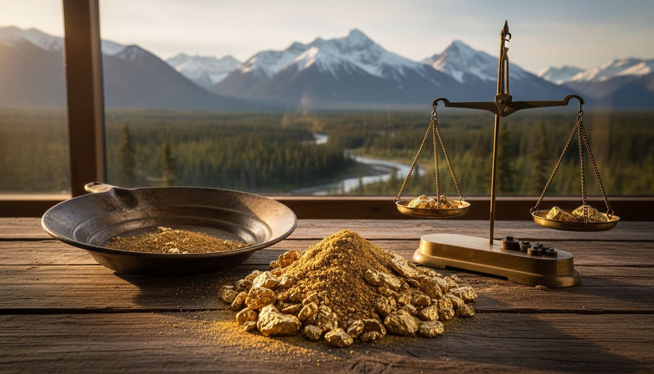 Pile of shiny gold nuggets and placer gold on rustic wooden table in cozy cabin with mining pan and small scale beside it, soft warm lighting from window and Alaskan wilderness view outside.