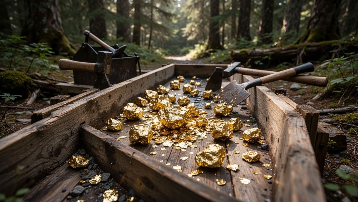 Pile of shiny gold nuggets and flakes on a wooden sluice box next to mining tools in an Alaskan forest setting, with soft natural light filtering through trees in a close-up realistic composition.