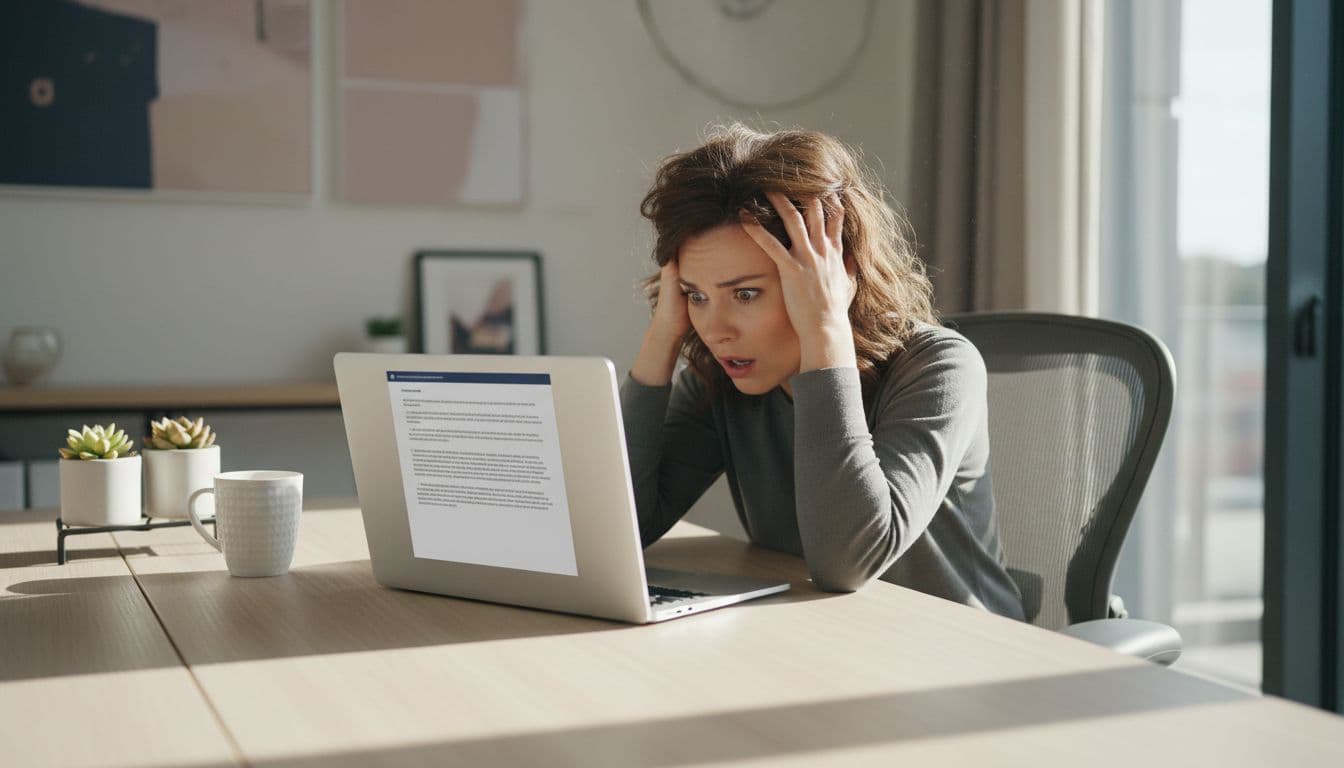 Shocked professional in home office sits at desk with laptop showing suspension notice, hands on head, coffee mug and plants nearby.
