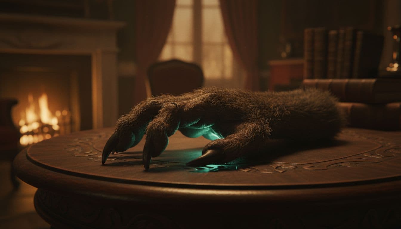 Shriveled mummified monkey paw with coarse hair and long claws resting on a dark wooden table in a cozy Victorian parlor, dim firelight casting eerie shadows in realistic horror style.