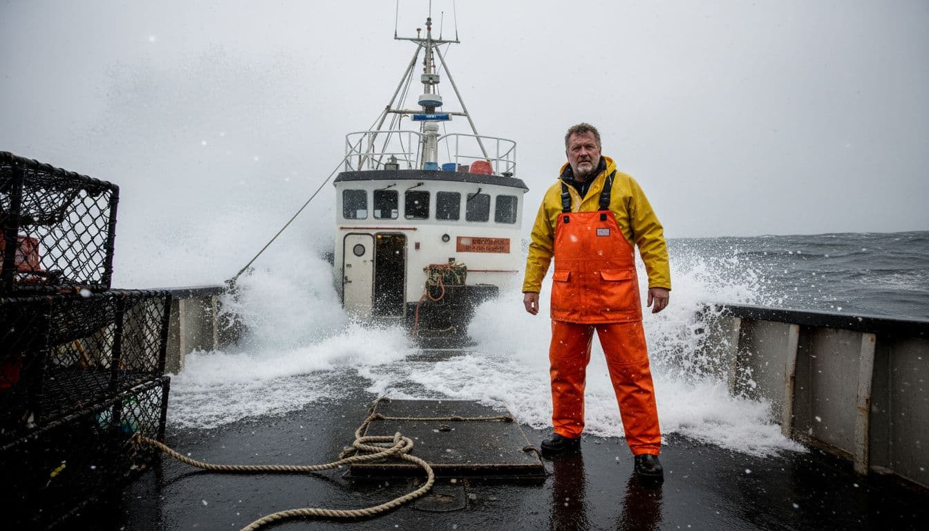 Sig Hansen stands determined on the deck of the F/V Northwestern in the rough Bering Sea, with crashing waves, snow flurries, and cold Alaskan weather, wearing yellow rain gear and orange survival suit in a dynamic low-angle shot.